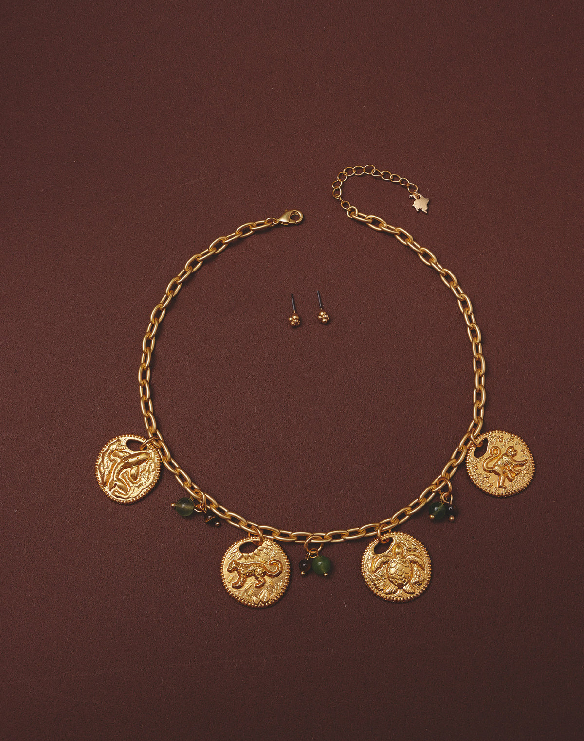 Maxi Collar + Aretes Monedas Selva Verde